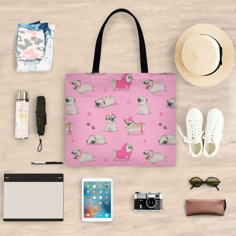 visesunny Women's Extra Large Canvas Tote Shoulder Bag Cute Cartoon Pug Top Storage Handle Shopping Bag Casual Reusable Tote Bag for Beach,Travel,Groceries,Books - Image 5
